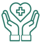 Icon of open hands holding a heart with a medical cross inside, symbolizing healthcare, support, and compassion