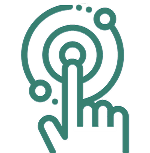 Stylized illustration of a hand pressing a futuristic, circular touch interface. The design conveys a sense of technology and interactivity